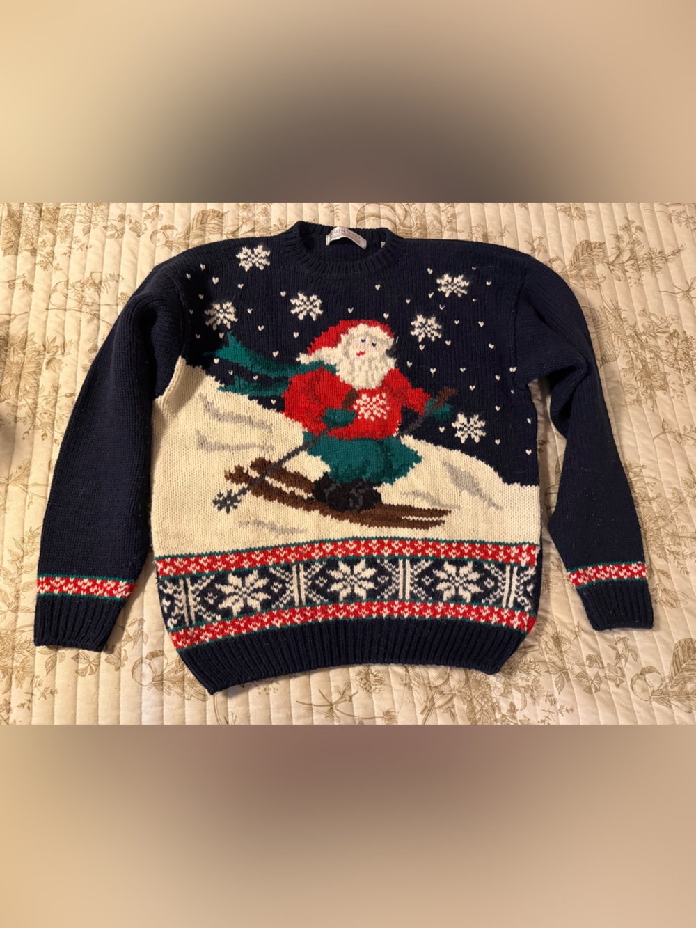 Karen Scott Navy Crewneck Sweater with Skiing Santa